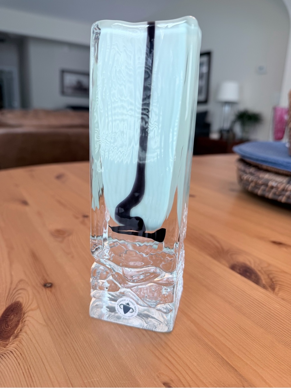 Beranek Tall Handblown Glass Vase with Aqua and dark Brown Swirl